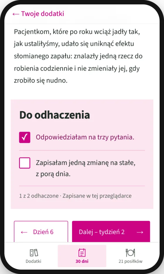 Ekran aplikacji: dzień planu z zadaniami do odhaczenia