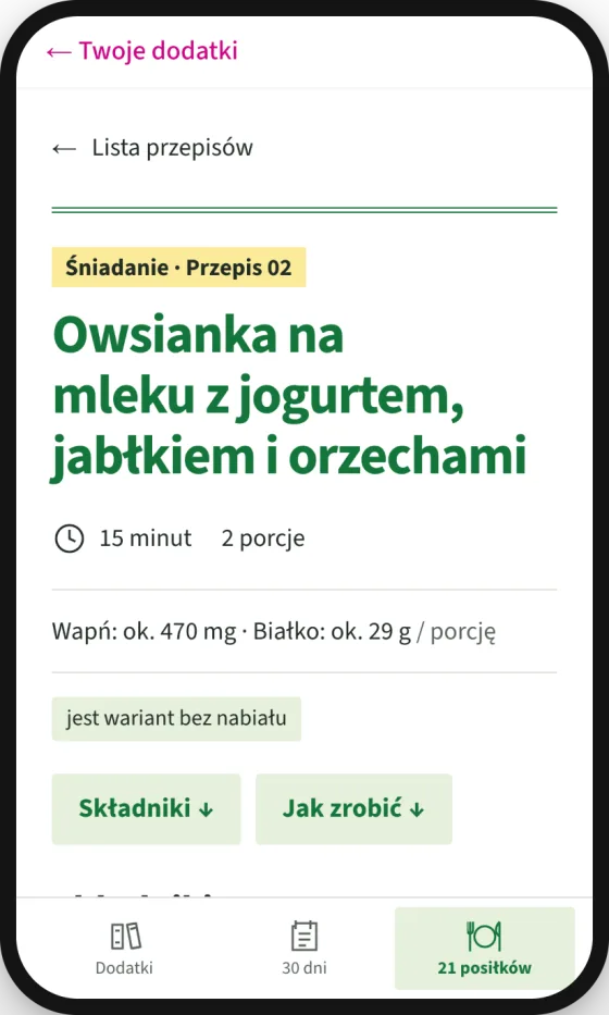 Ekran aplikacji: przepis z wapniem i białkiem podanymi na porcję